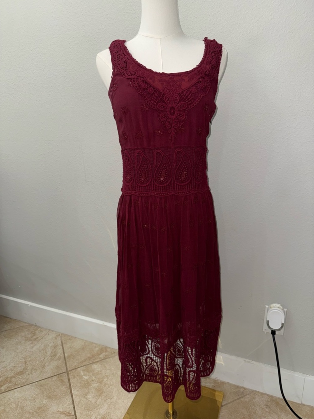Sundance Sleeveless Lace Midi Dress in Deep Wine - Picture 2 of 5